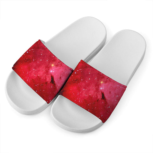 Red Galaxy Space Cloud Print White Slide Sandals