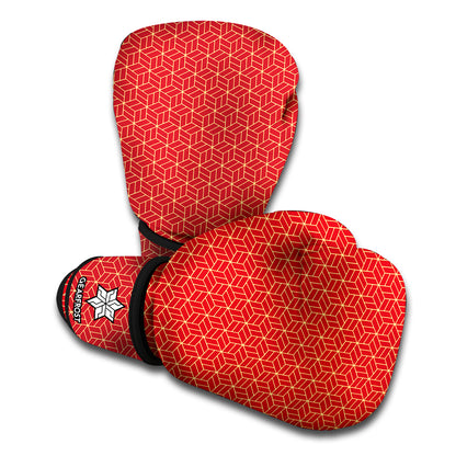 Red Geometric Japanese Pattern Print Boxing Gloves