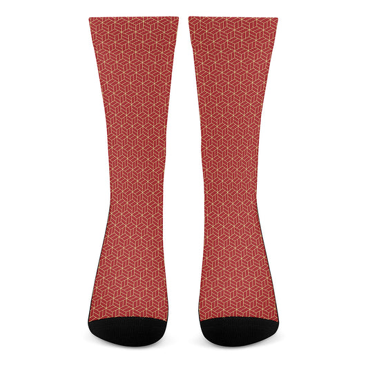 Red Geometric Japanese Pattern Print Crew Socks