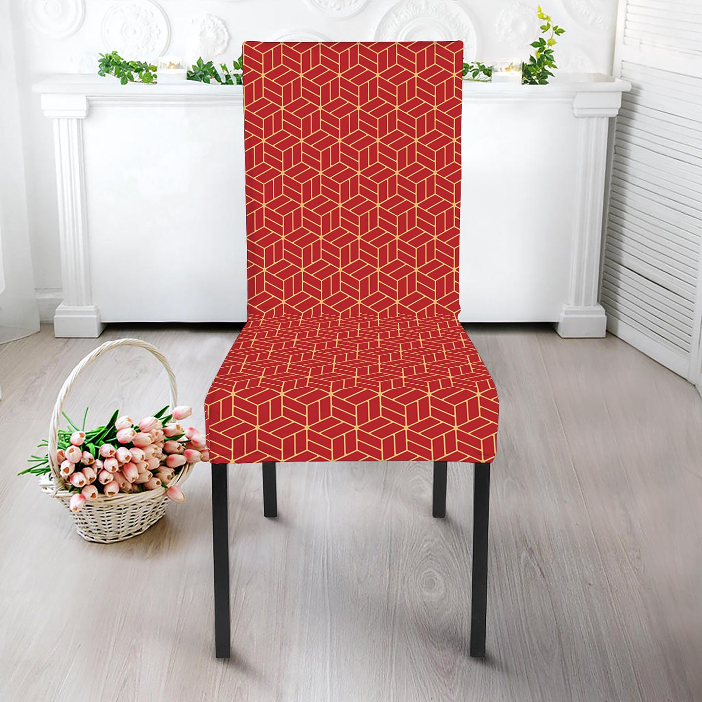 Red Geometric Japanese Pattern Print Dining Chair Slipcover