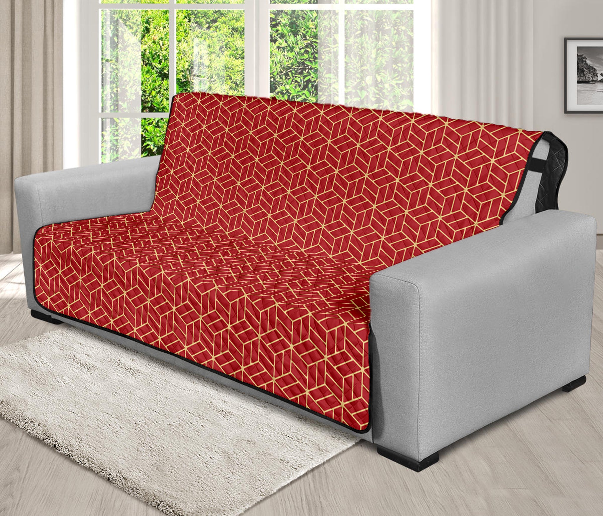 Red Geometric Japanese Pattern Print Futon Protector