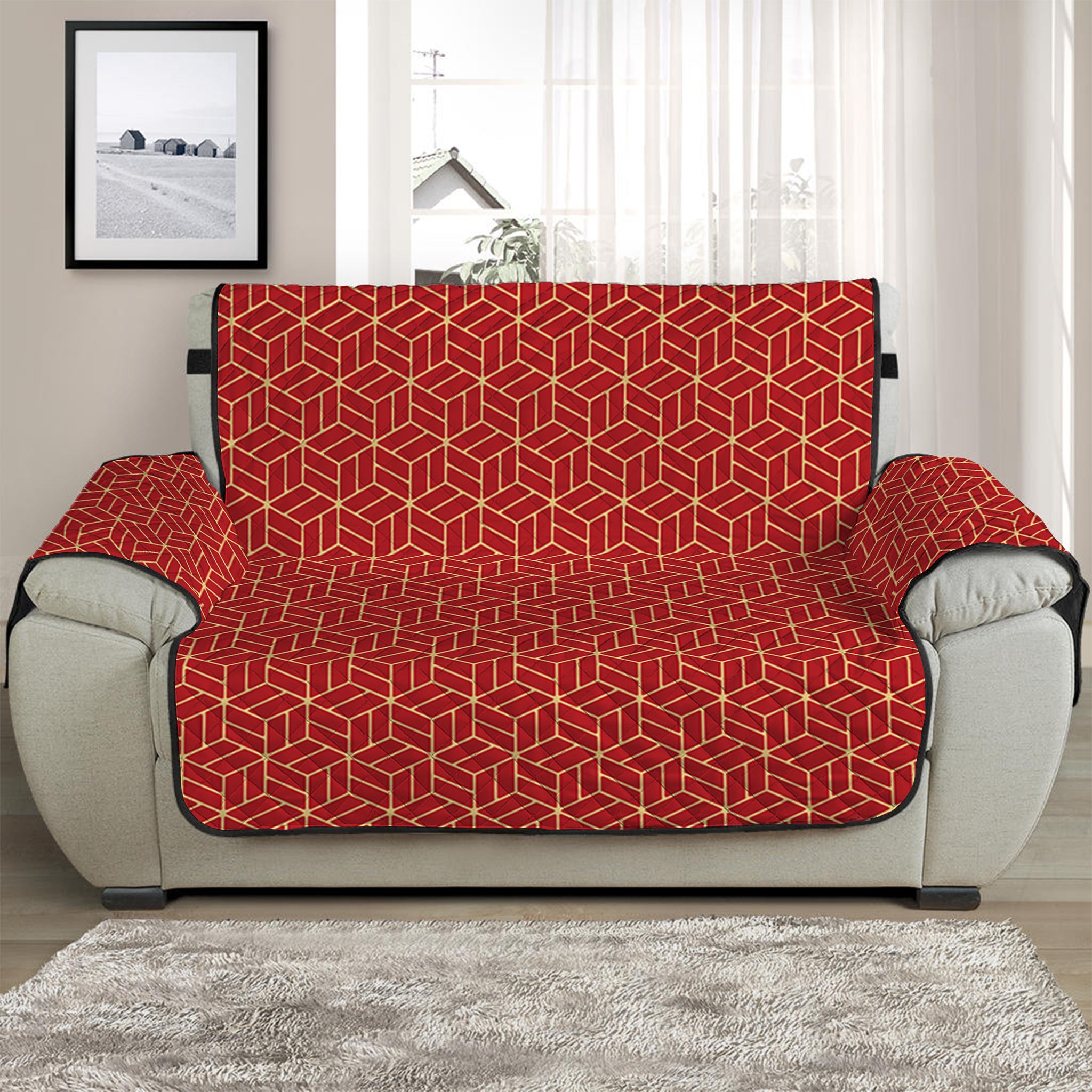 Red Geometric Japanese Pattern Print Half Sofa Protector