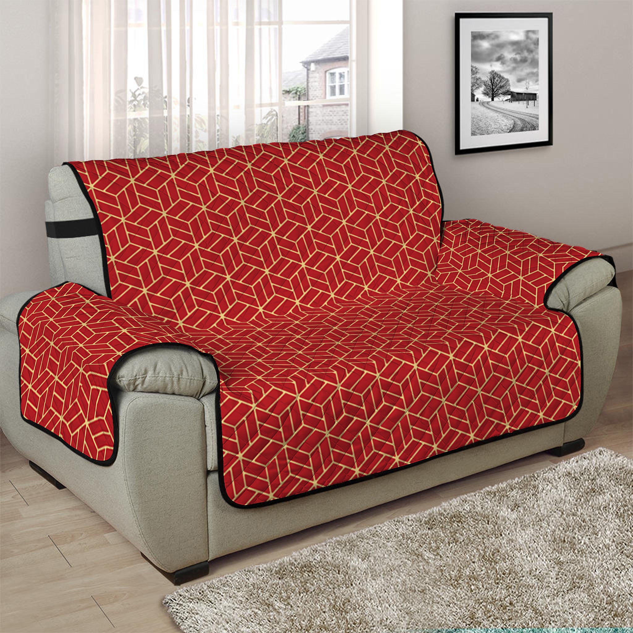 Red Geometric Japanese Pattern Print Half Sofa Protector