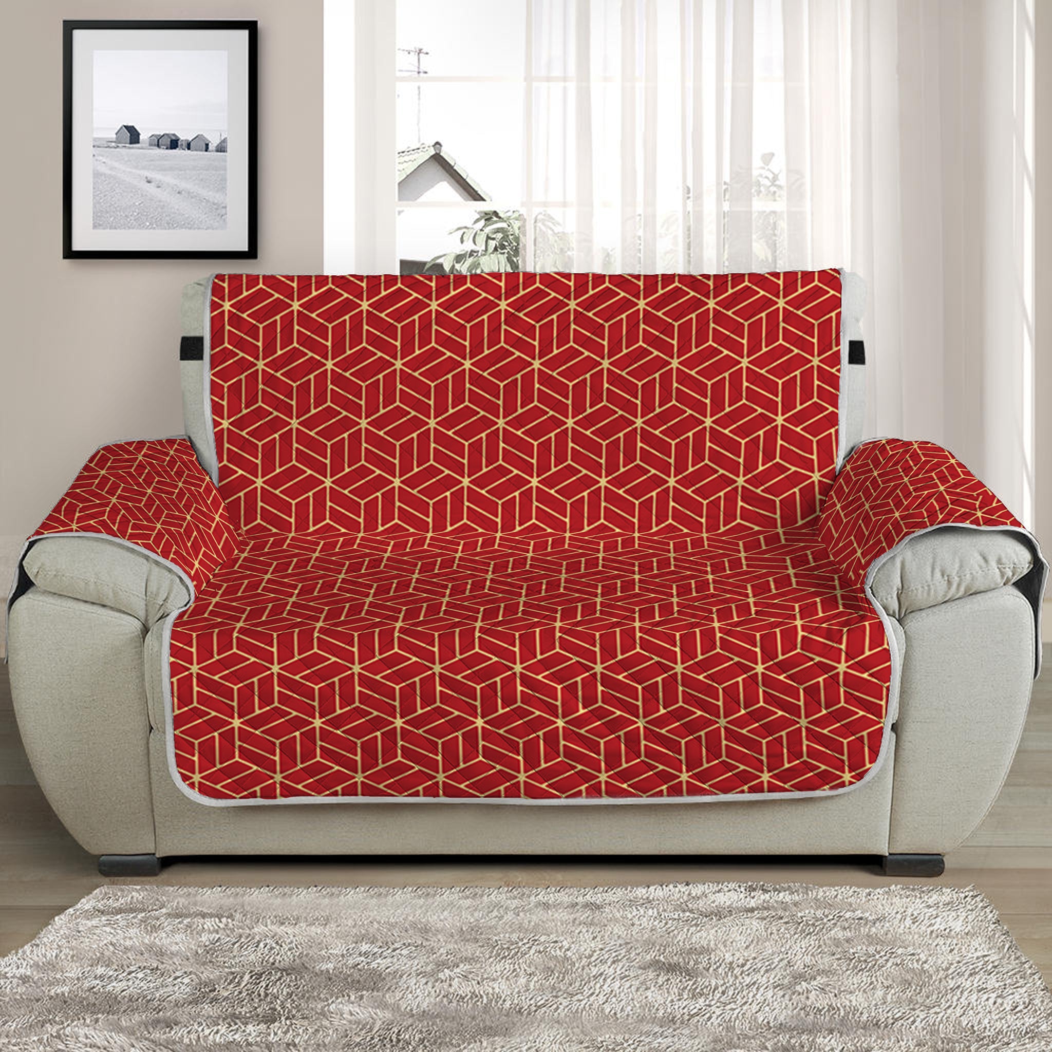 Red Geometric Japanese Pattern Print Half Sofa Protector