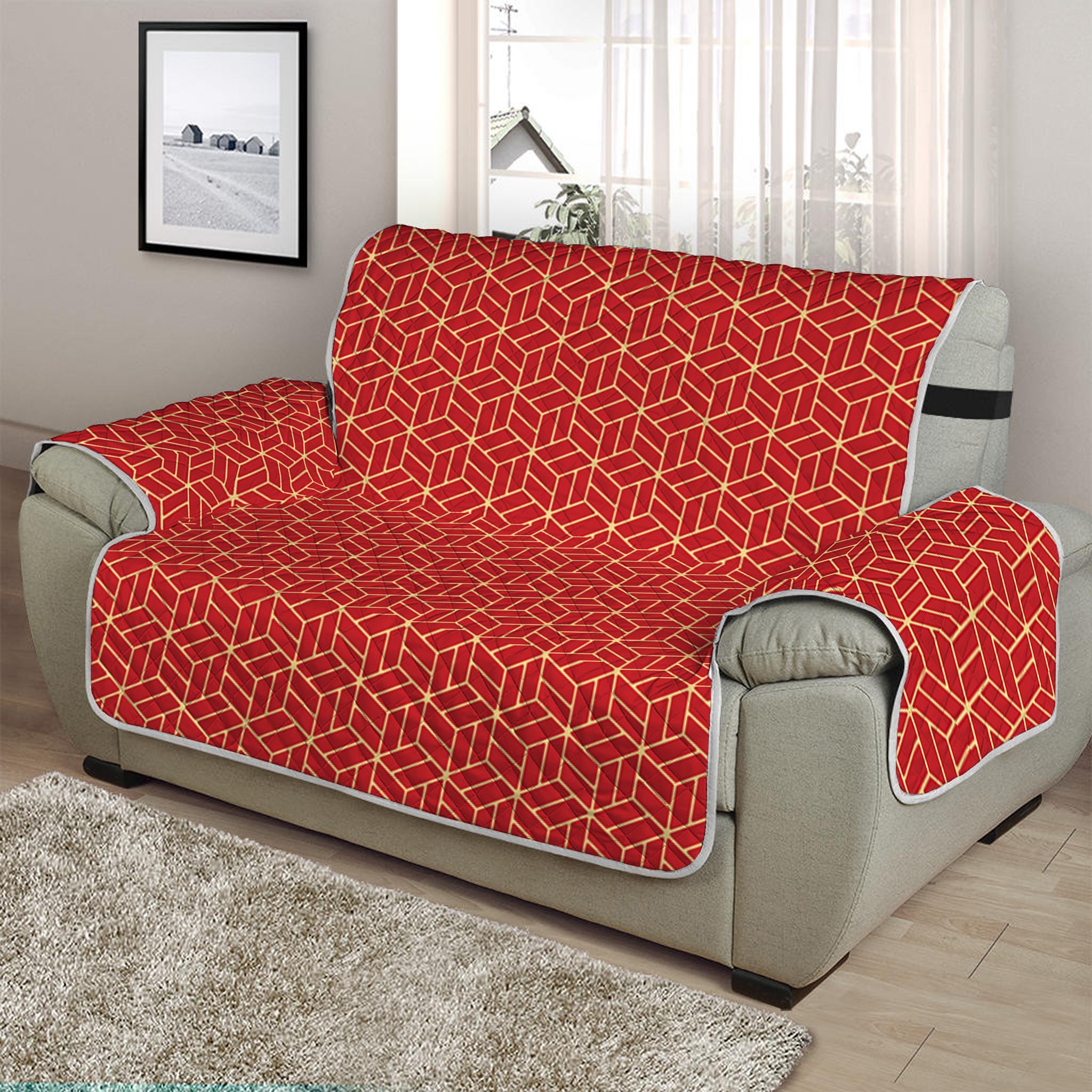 Red Geometric Japanese Pattern Print Half Sofa Protector