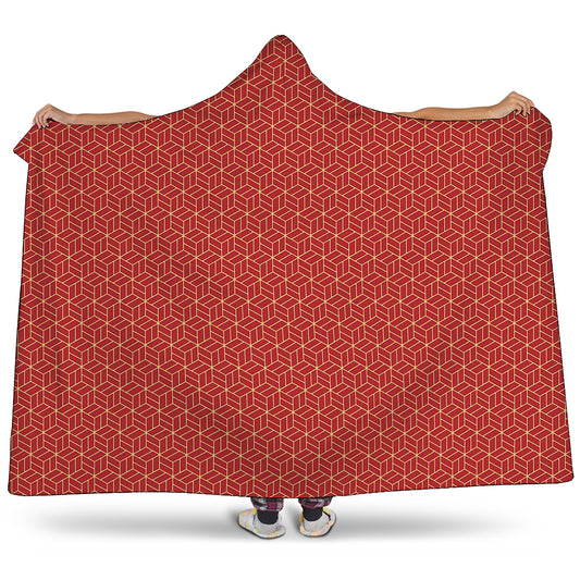 Red Geometric Japanese Pattern Print Hooded Blanket