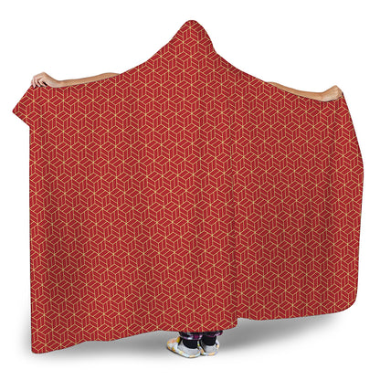 Red Geometric Japanese Pattern Print Hooded Blanket