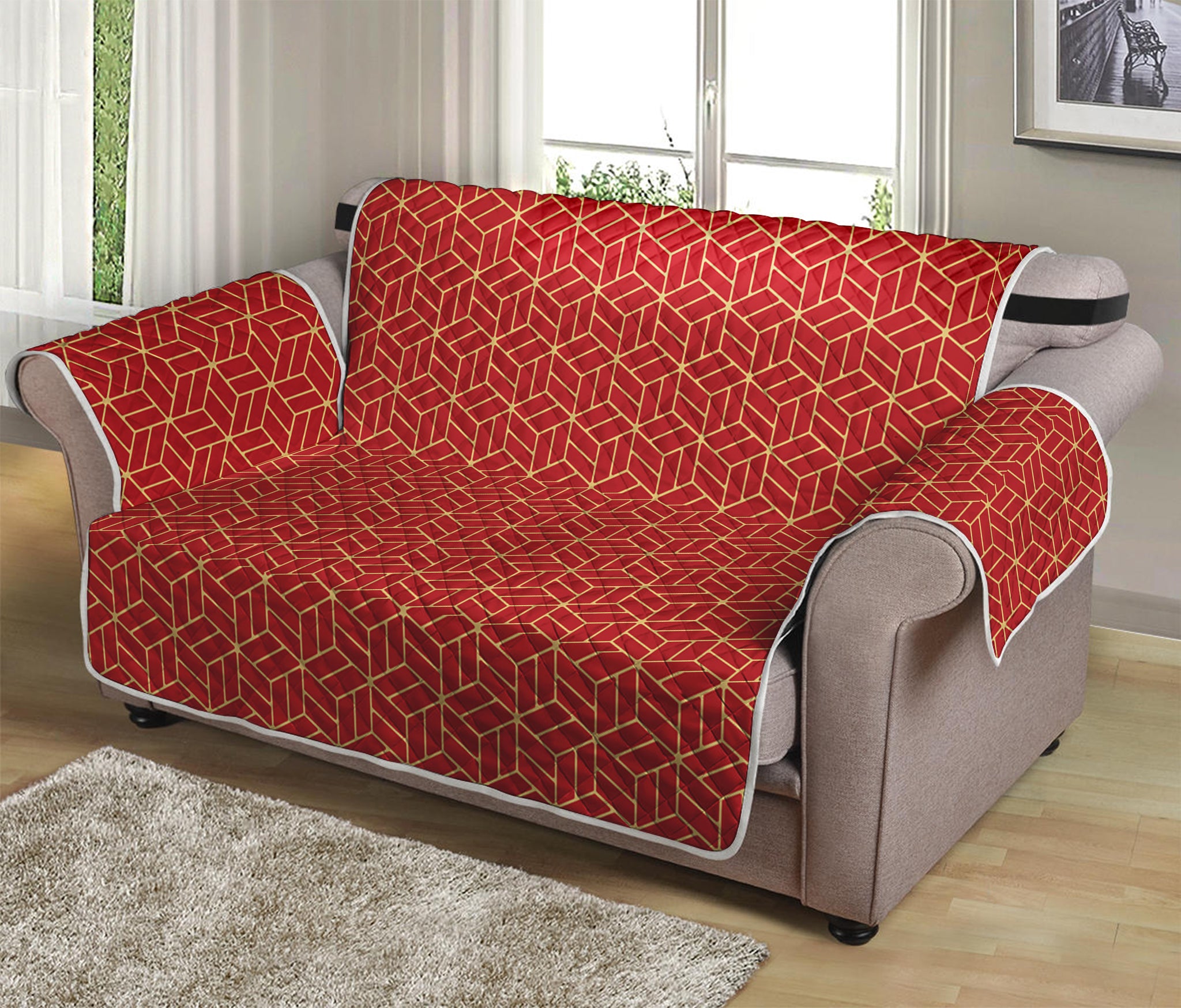 Red Geometric Japanese Pattern Print Loveseat Protector