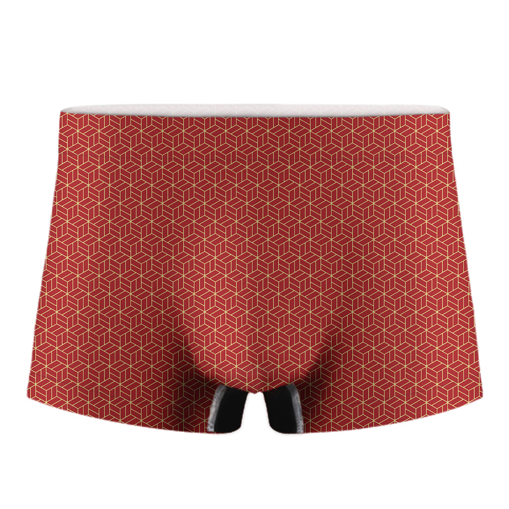 Red Geometric Japanese Pattern Print Men's Boxer Briefs