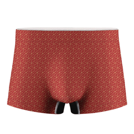 Red Geometric Japanese Pattern Print Men's Boxer Briefs