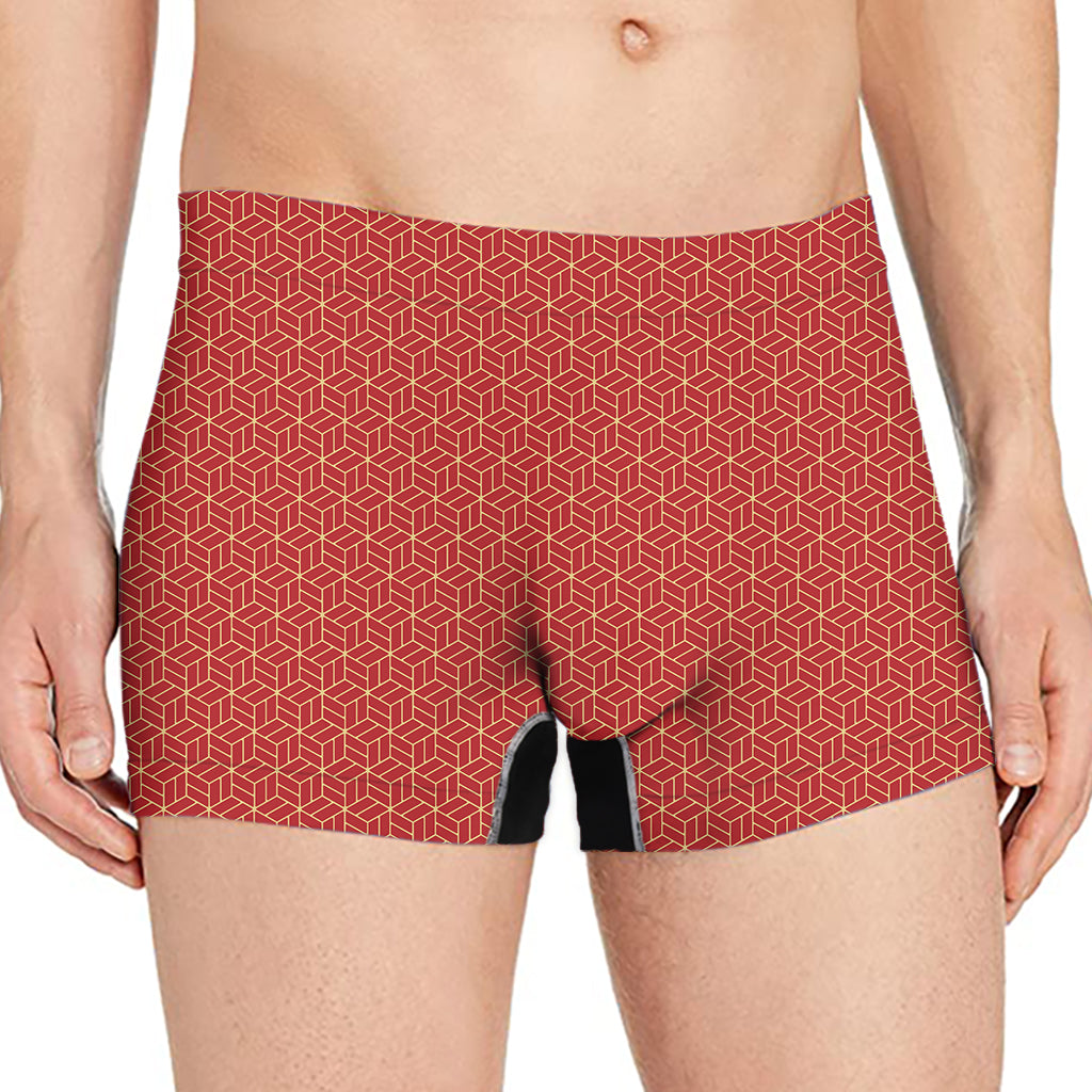Red Geometric Japanese Pattern Print Men's Boxer Briefs