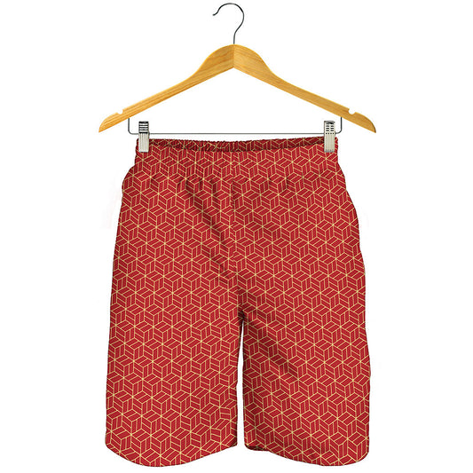 Red Geometric Japanese Pattern Print Men's Shorts