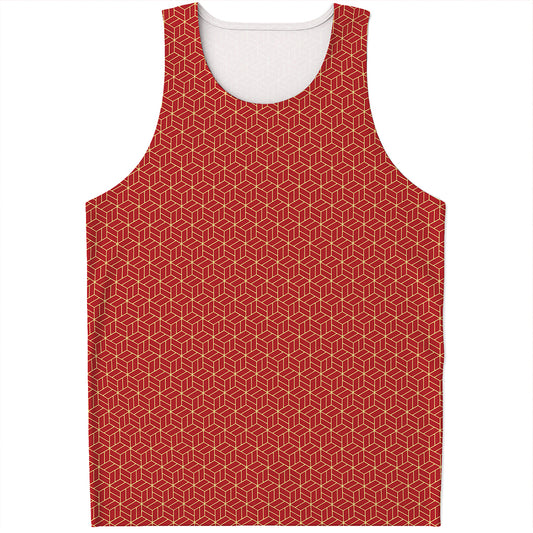 Red Geometric Japanese Pattern Print Men's Tank Top