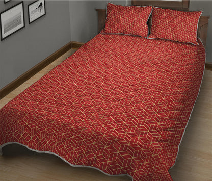 Red Geometric Japanese Pattern Print Quilt Bed Set