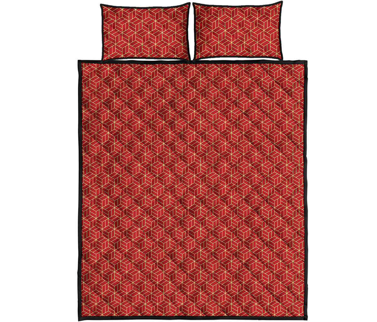 Red Geometric Japanese Pattern Print Quilt Bed Set