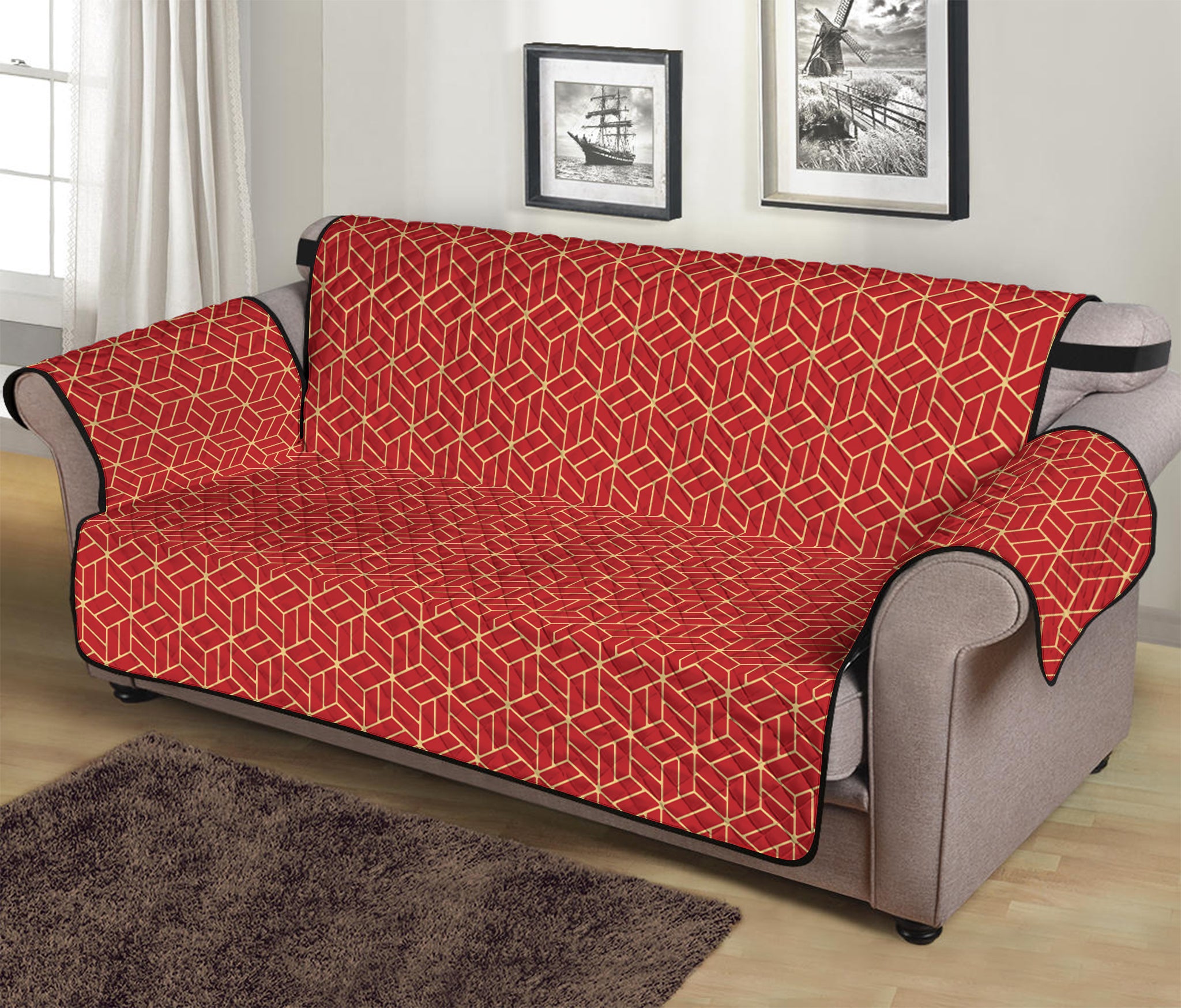 Red Geometric Japanese Pattern Print Sofa Protector