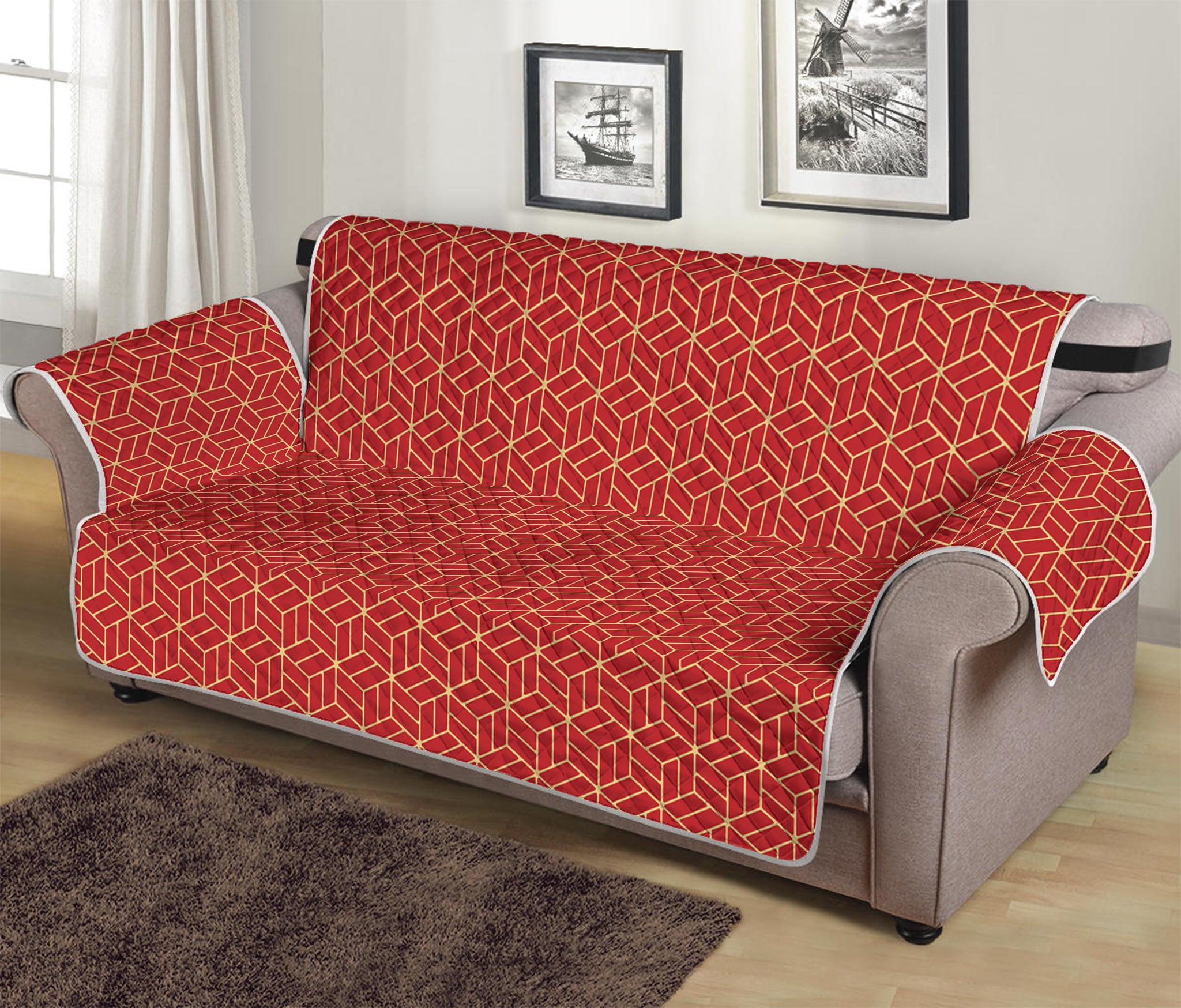 Red Geometric Japanese Pattern Print Sofa Protector