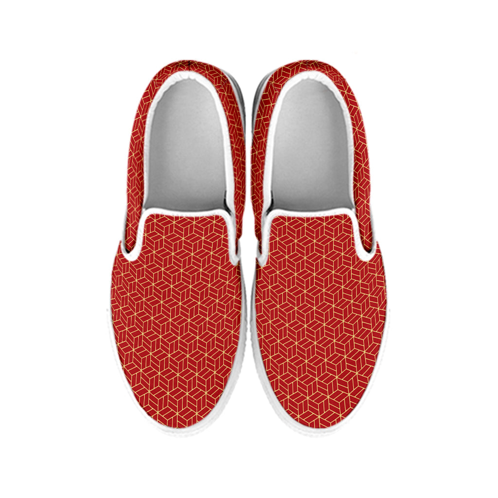 Red Geometric Japanese Pattern Print White Slip On Shoes