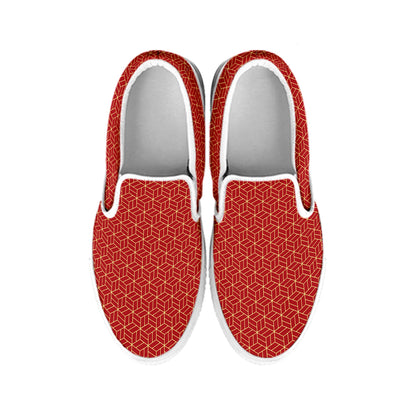 Red Geometric Japanese Pattern Print White Slip On Shoes