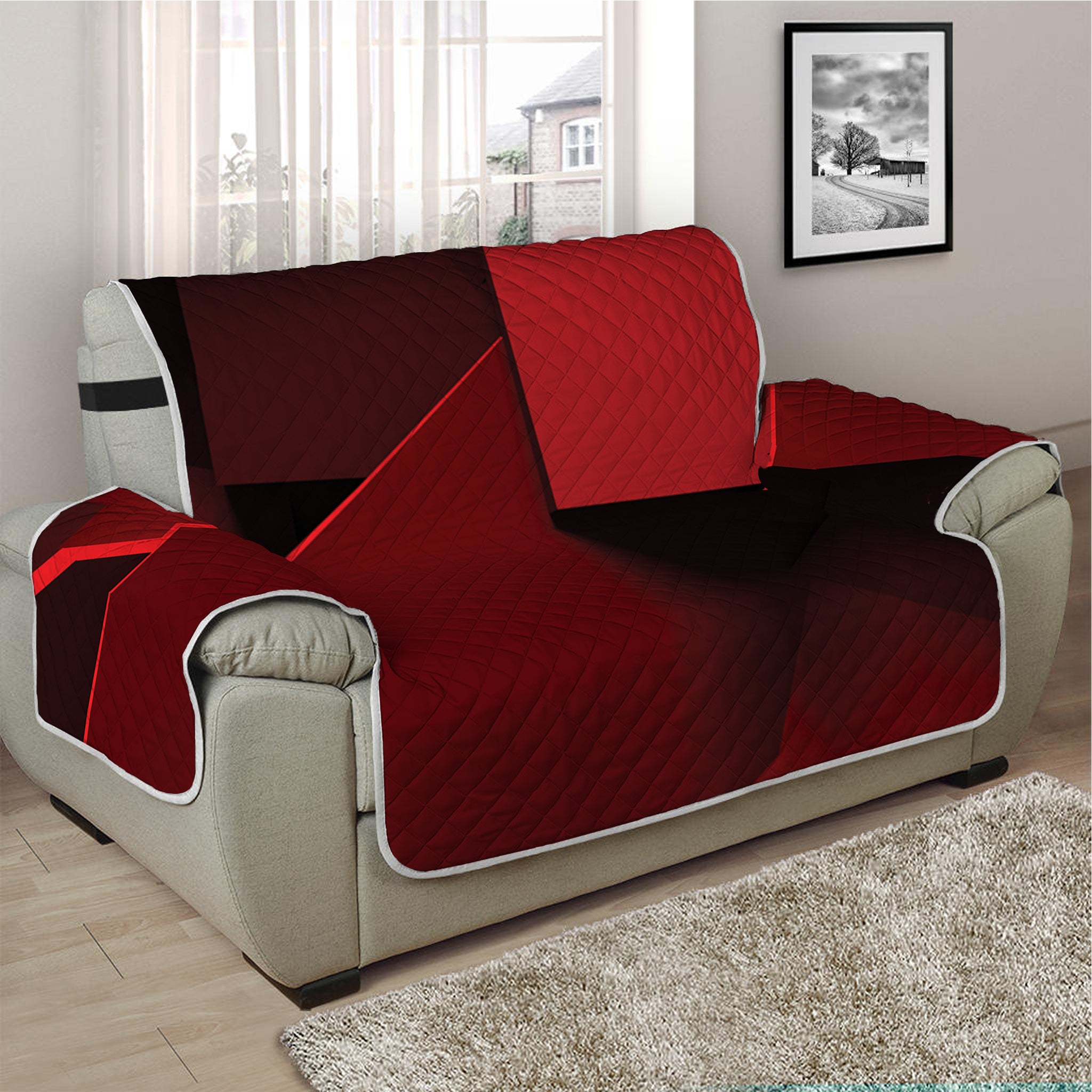 Red Geometric Print Half Sofa Protector