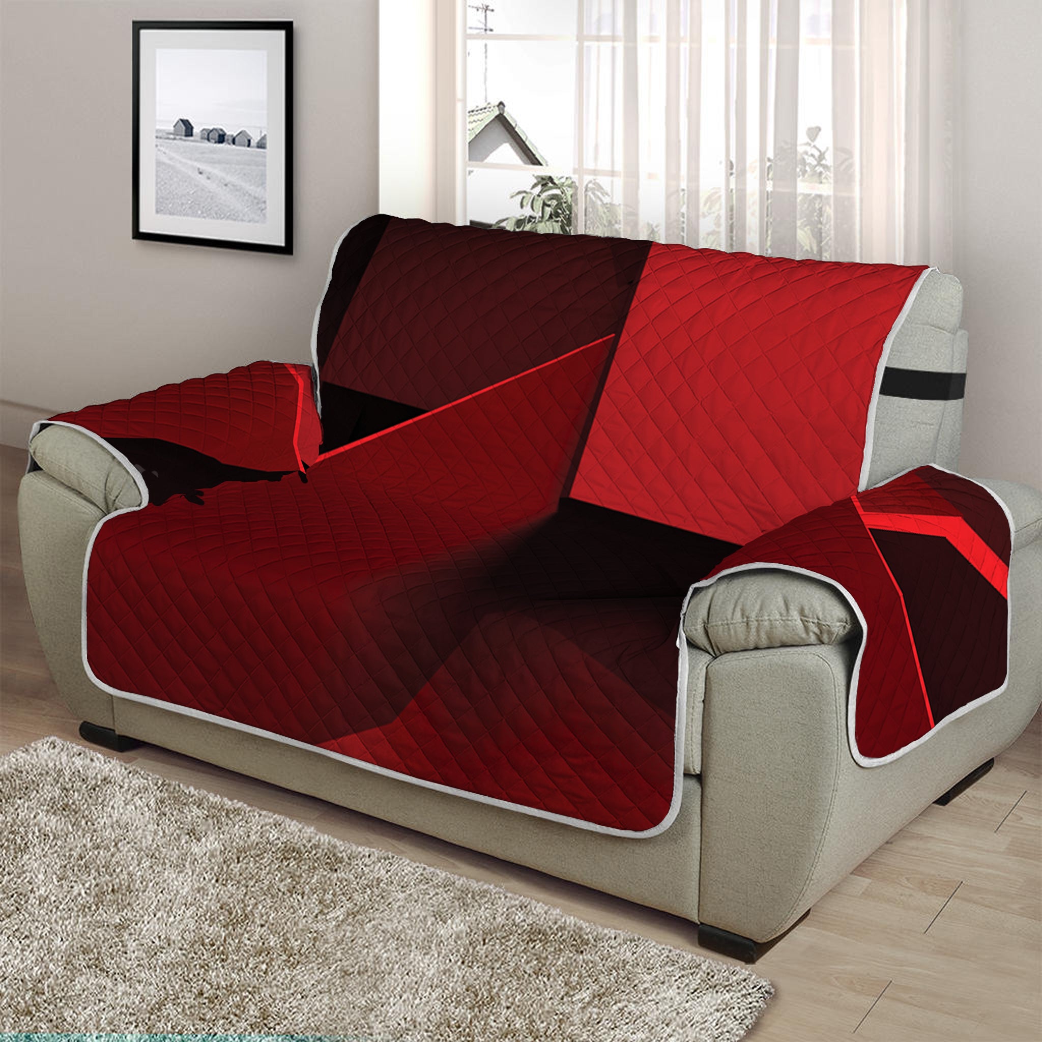 Red Geometric Print Half Sofa Protector