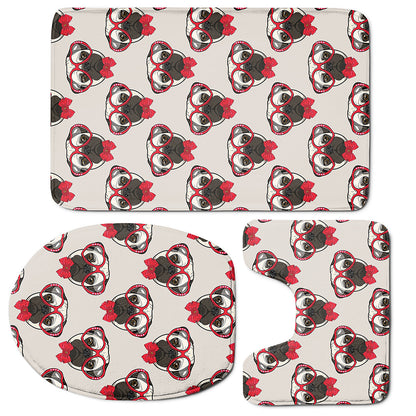 Red Glasses Pug Pattern Print 3 Piece Bath Mat Set