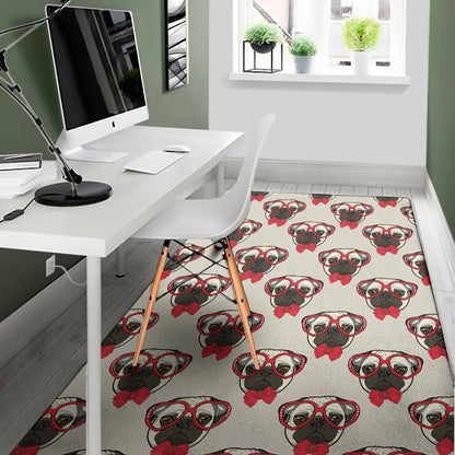 Red Glasses Pug Pattern Print Area Rug
