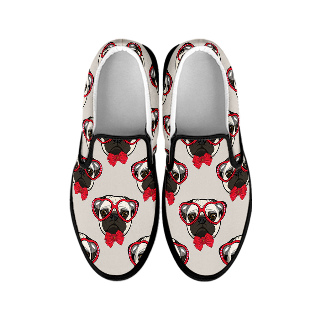 Red Glasses Pug Pattern Print Black Slip On Shoes
