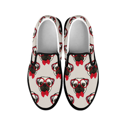 Red Glasses Pug Pattern Print Black Slip On Shoes