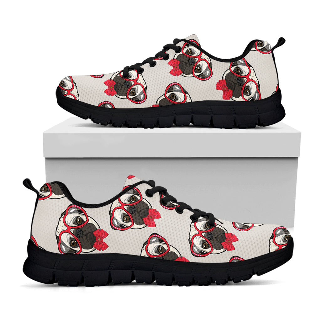 Red Glasses Pug Pattern Print Black Sneakers