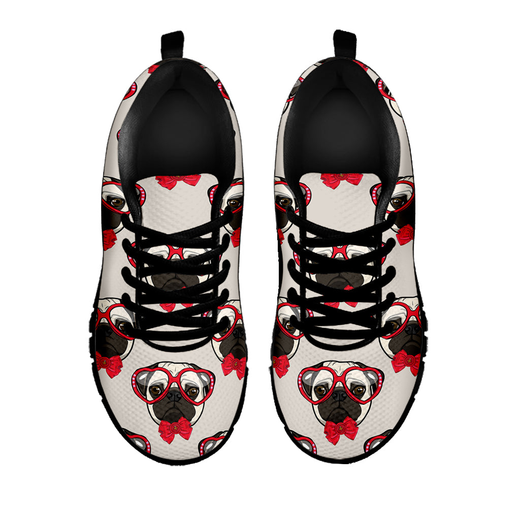 Red Glasses Pug Pattern Print Black Sneakers