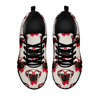 Red Glasses Pug Pattern Print Black Sneakers
