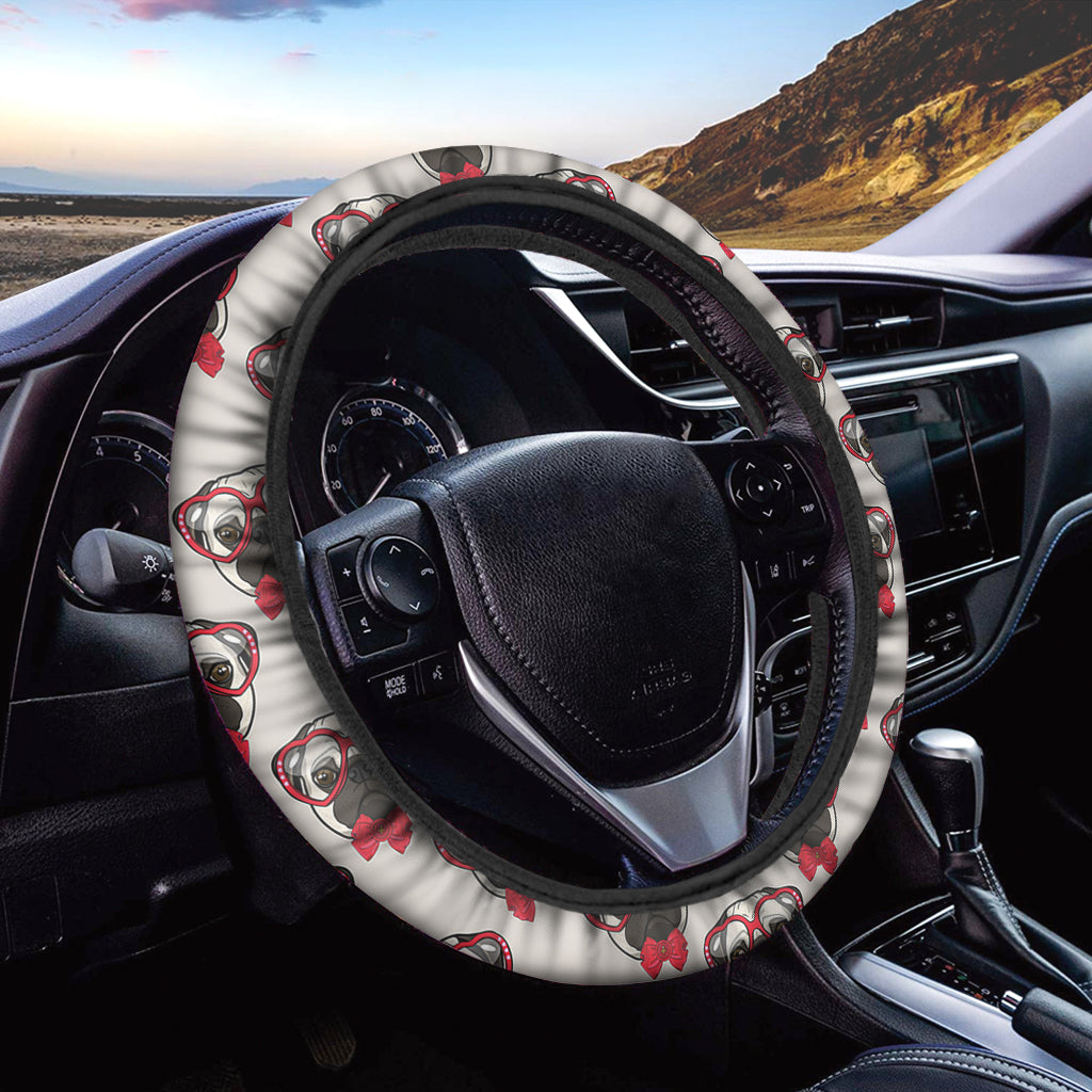 Red Glasses Pug Pattern Print Car Steering Wheel Cover