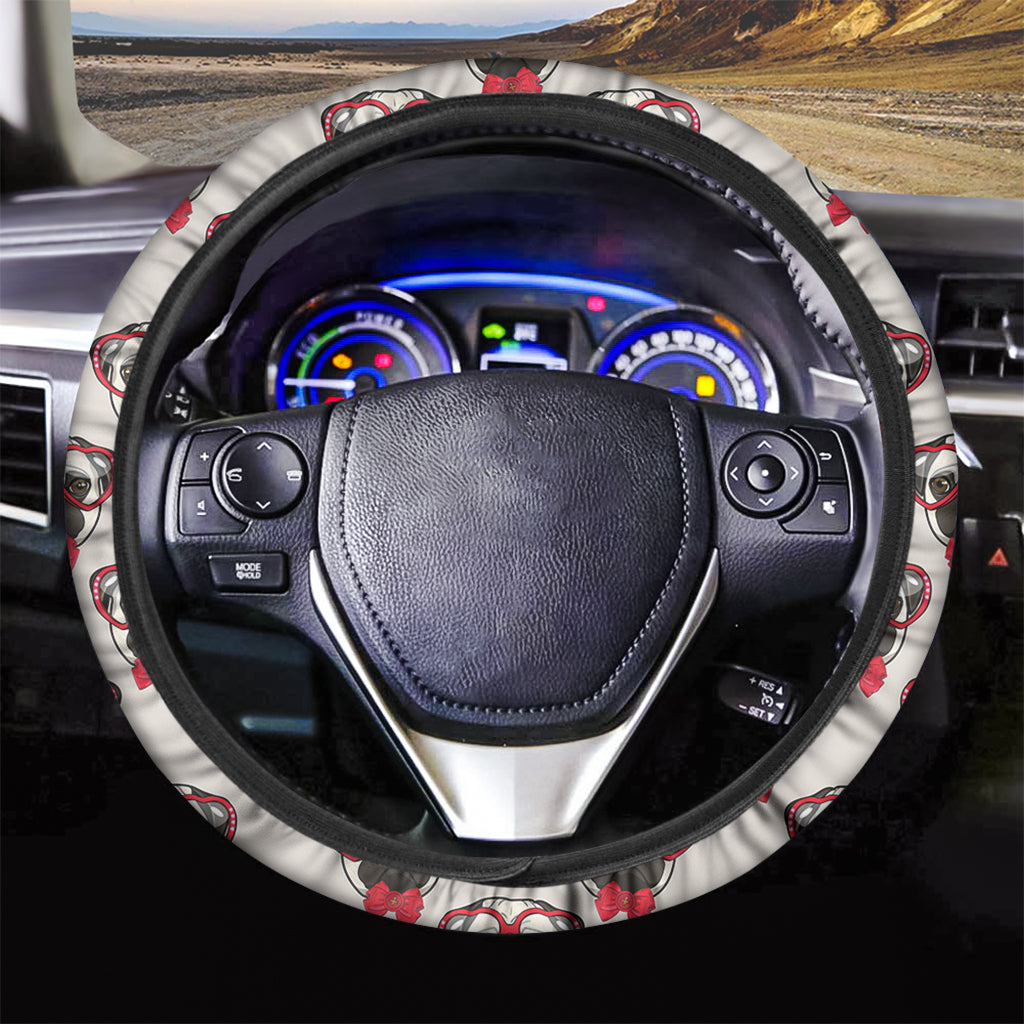 Red Glasses Pug Pattern Print Car Steering Wheel Cover