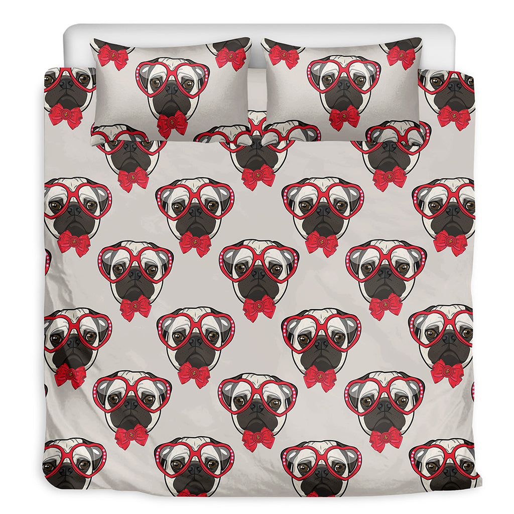 Red Glasses Pug Pattern Print Duvet Cover Bedding Set