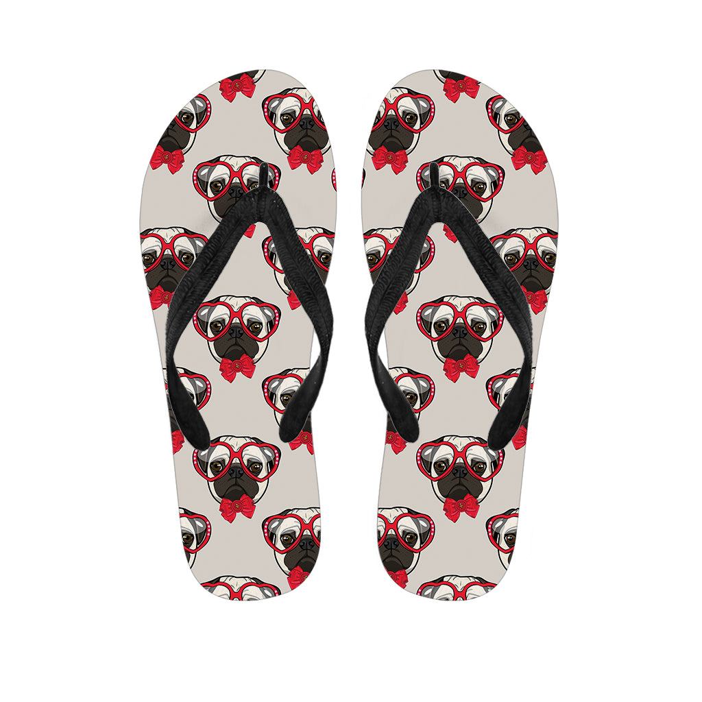 Red Glasses Pug Pattern Print Flip Flops
