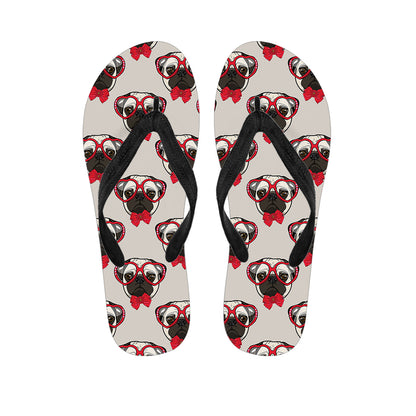 Red Glasses Pug Pattern Print Flip Flops