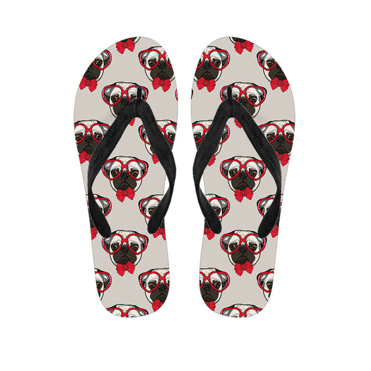 Red Glasses Pug Pattern Print Flip Flops