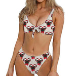 Red Glasses Pug Pattern Print Front Bow Tie Bikini