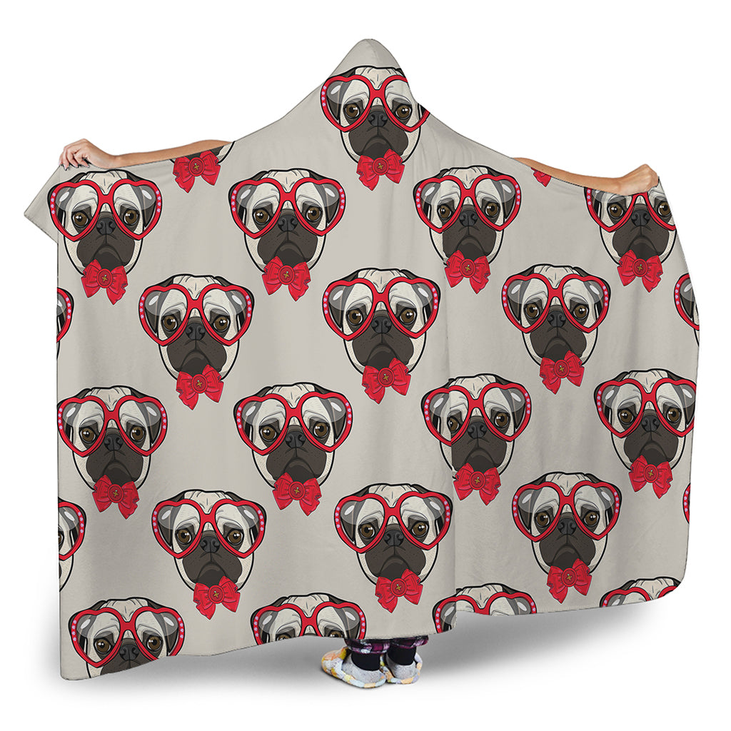 Red Glasses Pug Pattern Print Hooded Blanket