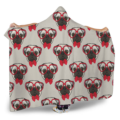 Red Glasses Pug Pattern Print Hooded Blanket