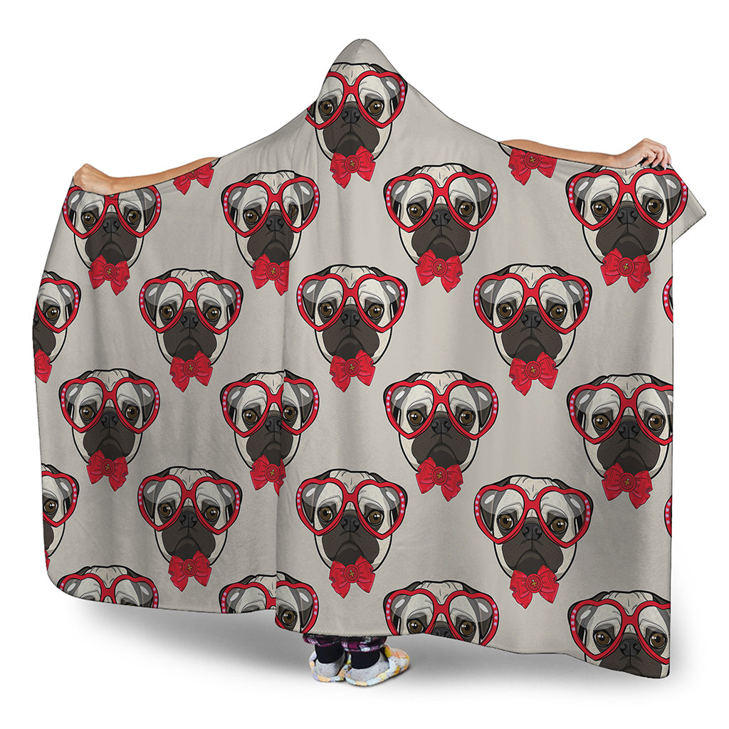 Red Glasses Pug Pattern Print Hooded Blanket