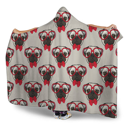 Red Glasses Pug Pattern Print Hooded Blanket