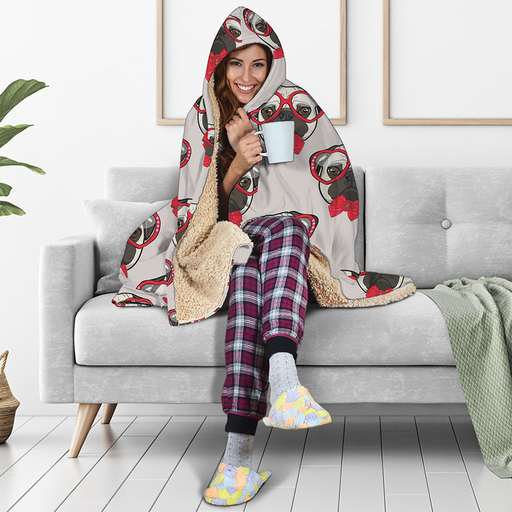 Red Glasses Pug Pattern Print Hooded Blanket
