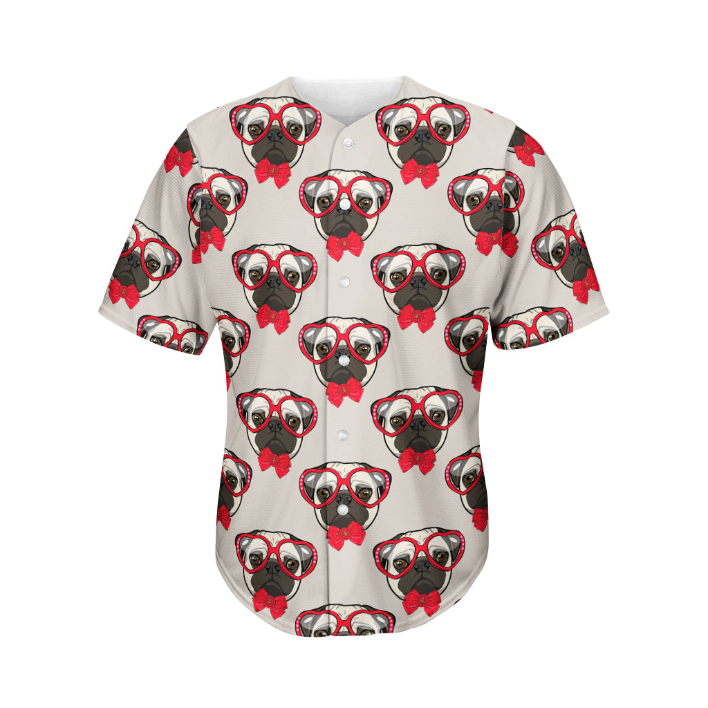 Red Glasses Pug Pattern Print Men's Baseball Jersey