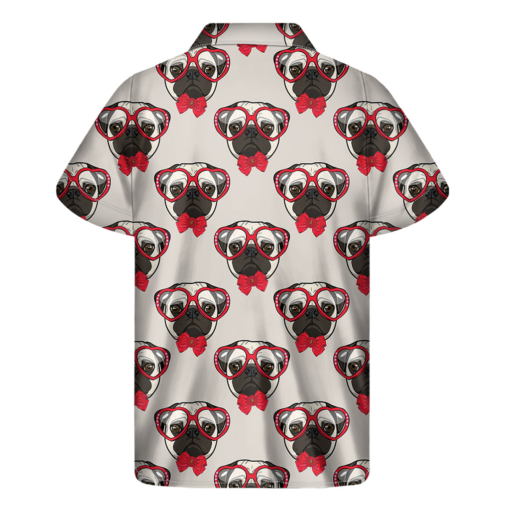 Red Glasses Pug Pattern Print Men's Short Sleeve Shirt