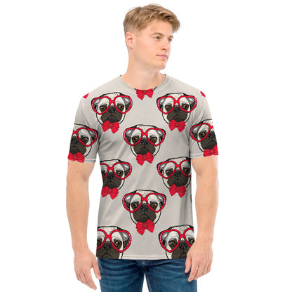 Red Glasses Pug Pattern Print Men's T-Shirt