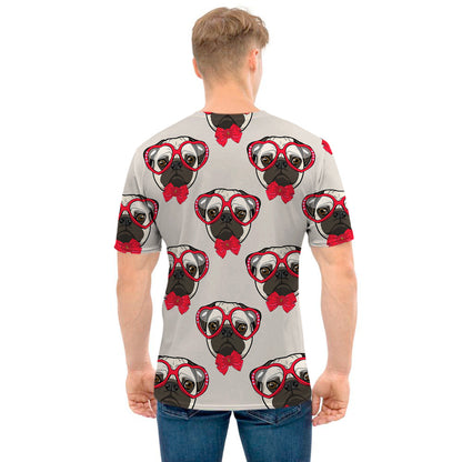 Red Glasses Pug Pattern Print Men's T-Shirt