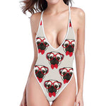 Red Glasses Pug Pattern Print One Piece High Cut Swimsuit