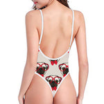 Red Glasses Pug Pattern Print One Piece High Cut Swimsuit